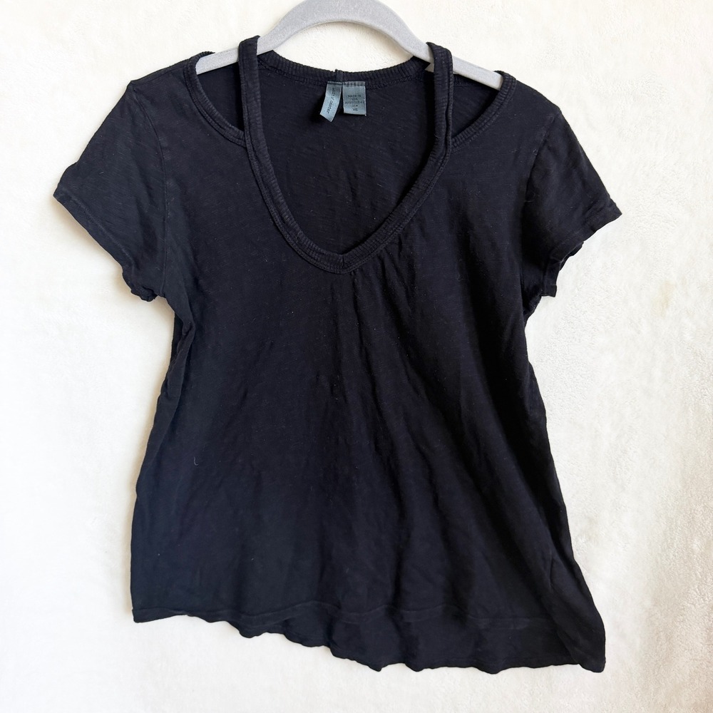 Anthropologie Left Of Center Black Cutout Shoulder V Neck Tee Size XS Slubby